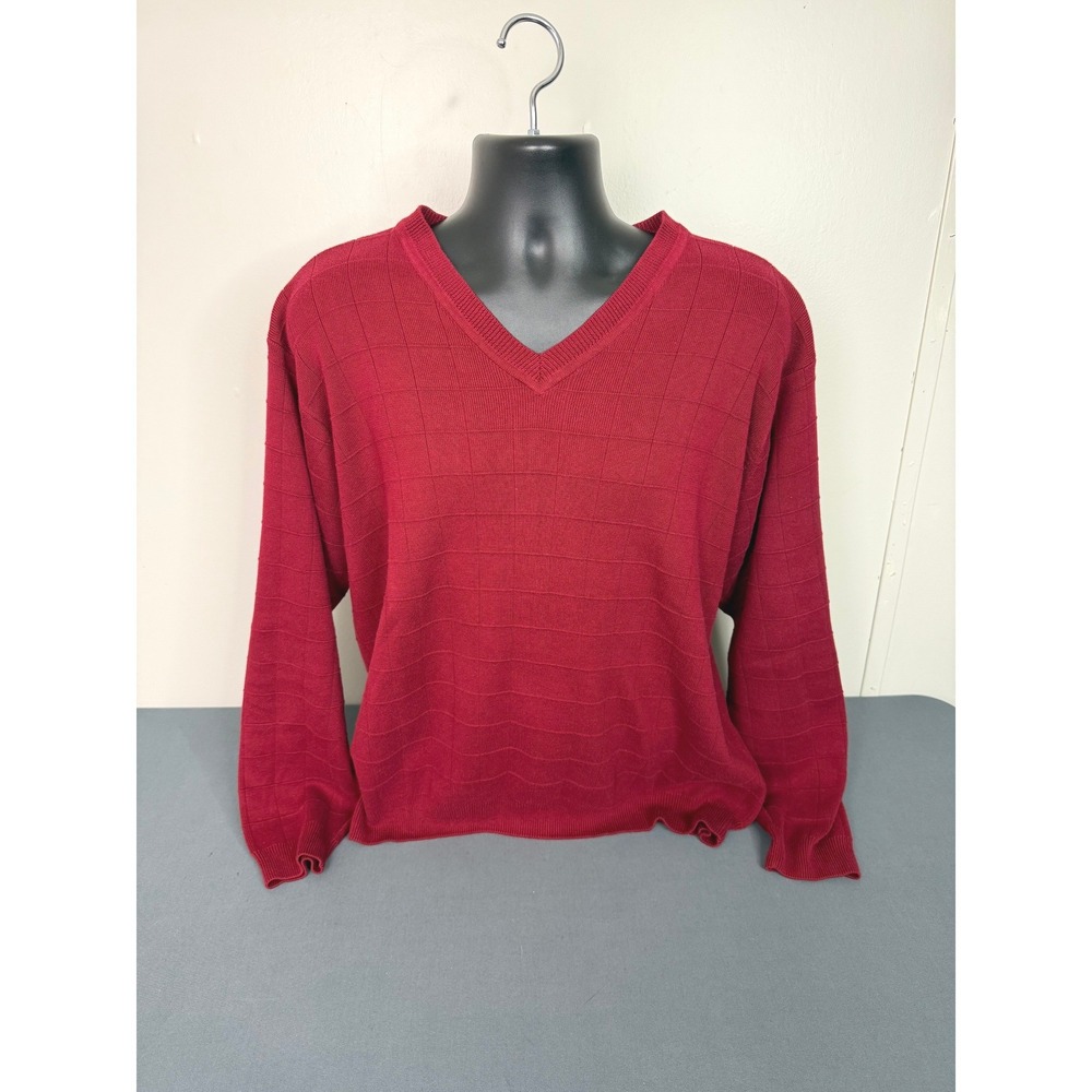 Van Heusen Sweater Mens Large Red V-Neck 100% Cotton Textured Grid Pullover